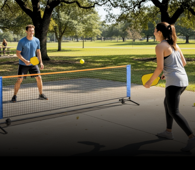 Two people playing pickleball on a court with trees in the background