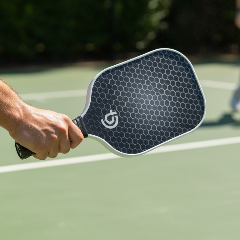 Person holding a pickleball paddle on a court with another player in the background